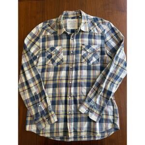 GUESS Men's Slim Fit Plaid Pearl Snap Blue & Yellow Western Shirt - Size L